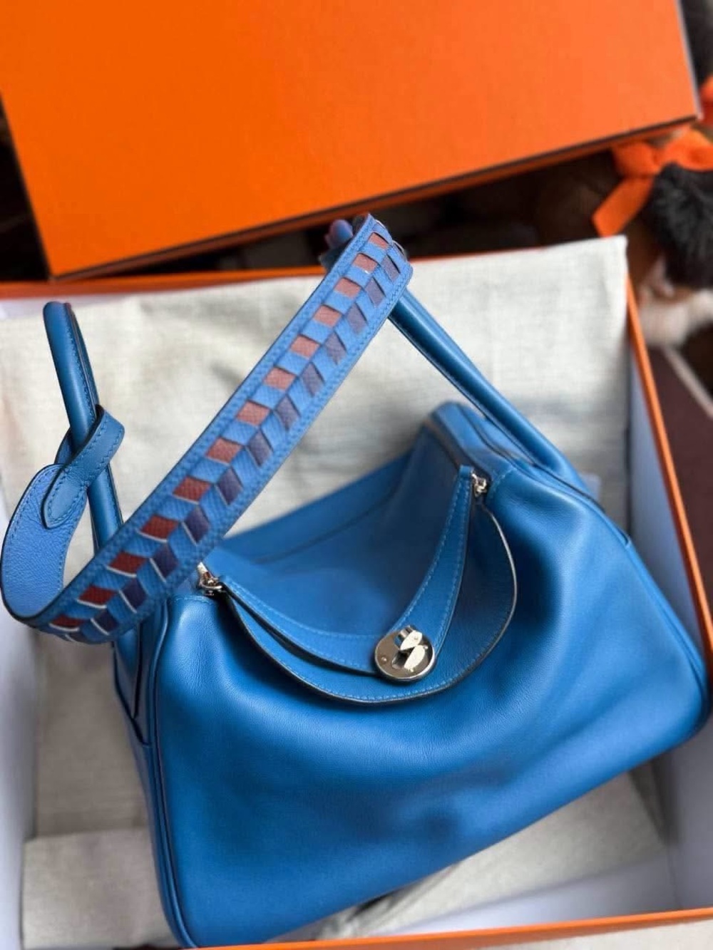Hermes lindy Blue Leather Shoulder Bag with Decorative Strap